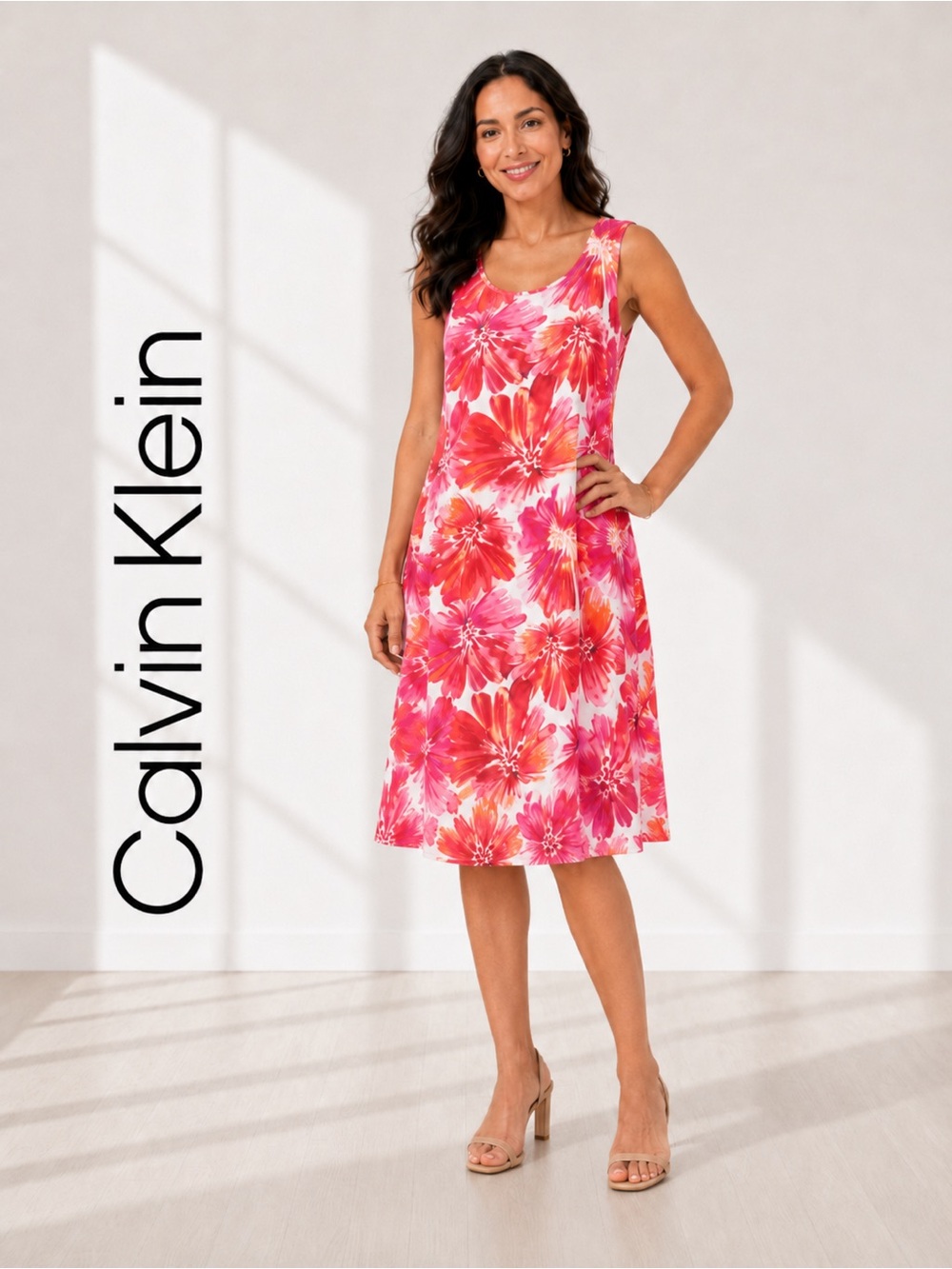•Calvin Klein Pink Floral Sleeveless Shift Dress Lined Size 10